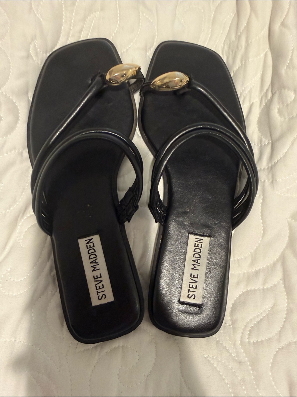 Steve Madden Black Sandals with Gold Oval Accent